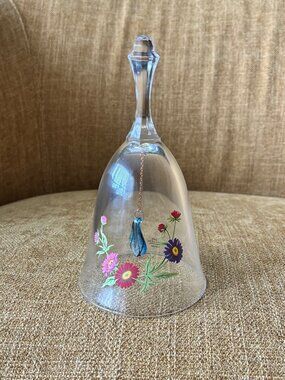 Vintage Avon 24% Lead Crystal Decorative Glass Bell Floral Painted Design Blue